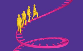 Illustration représentant des scientifiques qui marchent sur un brin d'ADN.