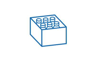 La imagen muestra un sencillo dibujo lineal azul de un paquete de seis botellas en una caja sobre fondo blanco. La imagen muestra un sencillo dibujo lineal azul de un paquete de seis botellas en una caja sobre fondo blanco.