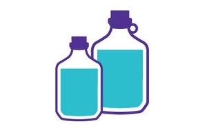 Disolventes y reactivos En este diagrama, se representa una botella de disolvente con la etiqueta "Disolventes y reactivos" colocada debajo. Debajo de la etiqueta, hay una lista textual de disolventes y reactivos: Disolventes de grado MS