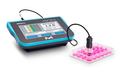 Millicell ERS 3.0 Digital Voltohmmeter Photograph of a Millicell ERS 3.0 Digital Voltohmmeter, with standing in-well probe in a 24-well plate of cell culture inserts.