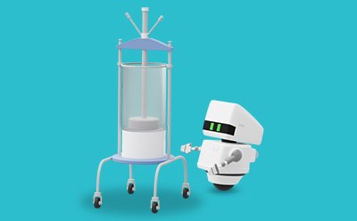 eMERGE™platform A small white robot with a rectangular head and green eyes is standing next to a tall, cylindrical laboratory apparatus on wheels. The apparatus has a blue top with several protruding rods and a transparent body, revealing internal components. The background is a solid turquoise color.