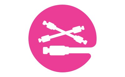 A bright pink circular icon containing three stylized white representations of HPLC (High-Performance Liquid Chromatography) columns. Two of the columns are shown diagonally crossed in the background, forming an "X" shape, while a third, larger column is placed horizontally in the foreground, slightly overlapping the edge of the circle. Each column is depicted with connectors or fittings on both ends, accurately reflecting the cylindrical shape and detailed structure typical of chromatography hardware. 