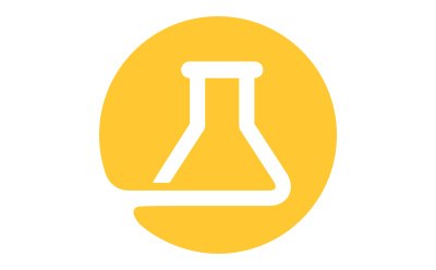 A circular icon with a vibrant yellow background featuring a simplified white outline of an Erlenmeyer flask, a common piece of laboratory glassware used in chemical experiments. The flask is characterized by a wide, conical base that tapers into a narrow cylindrical neck. A continuous white line forms the shape of the flask and curves outward from the bottom left, suggesting fluidity or connection, possibly symbolizing testing or measurement. 