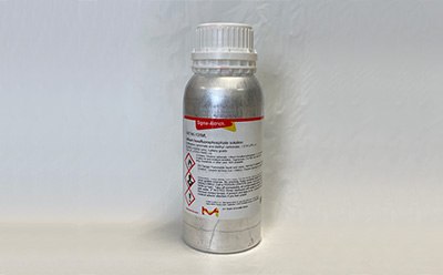 The image displays a metallic silver bottle with a white screw-on cap, positioned vertically on a smooth white surface. The bottle features a prominent label that includes the brand name "Sigma-Aldrich" in red, along with detailed information about the contents, which include a lithium hexafluorophosphate solution. The label contains safety symbols in black and red, indicating hazards such as flammability and toxicity. The text on the label is printed in both English and other languages, providing instructions and safety information. The background is a bright white, enhancing the visibility of the bottle and its label, which serves as a focal point for understanding its purpose in liquid electrolyte research and development.