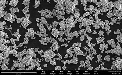 A scanning electron microscope (SEM) image displaying dense thin films of solid electrolytes processed with specific materials (PHE-15 micro LATP). The image reveals a textured surface with various particle shapes and sizes, illustrating the intricate structure of the films against a dark background.