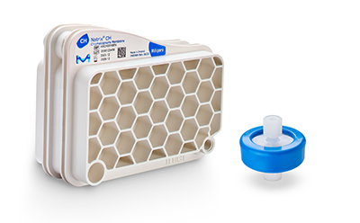Natrix® Chromatography Membrane Devices A set of two laboratory filtration components. On the left, a white filter cartridge with a honeycomb structure. On the right, a blue and white connector piece used for fluid transfer.