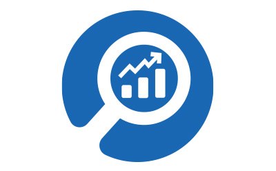 A blue circular logo featuring a magnifying glass over a bar graph with an upward trend A blue circular logo featuring a magnifying glass over a bar graph with an upward trend