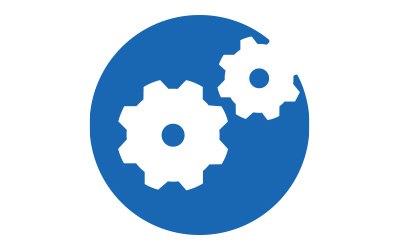 A blue circular logo depicting a computer screen with a gear icon A blue circular logo depicting a computer screen with a gear icon