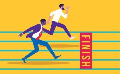 Competitive Pricing Without Compromise Two stylized figures in a race, with one nearing the finish line, which is prominently marked with the word “FINISH” in capital letters on a red background.