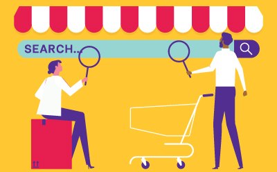 Customization to Meet Your Specific Requirements Illustration of two people using magnifying glasses to look at an oversized search bar with the word “SEARCH…”, implying online shopping or information searching.
