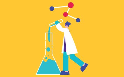 Raw Material Stains & Dyes A stylized illustration of a scientist conducting an experiment. The scientist, wearing a lab coat and protective glasses, is pouring a substance from a test tube into a large beaker filled with liquid.