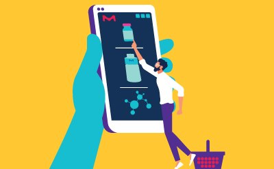 Unparalleled Selection for Your Diverse Needs Illustration of a person interacting with a large smartphone. The smartphone screen displays a shopping app interface with an item being added to a virtual cart.