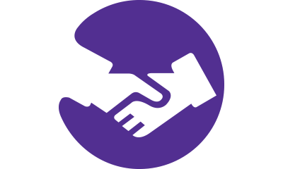 Purple circular icon showing a handshake to illustrate operational synergies Purple circular icon showing a handshake to illustrate operational synergies