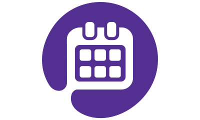 Purple circular icon with calendar image to illustrate shortening timelines Purple circular icon with calendar image to illustrate shortening timelines