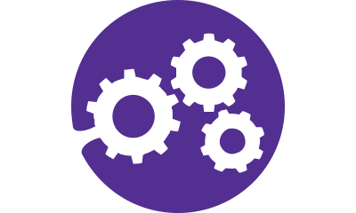 Purple round icon with interlocking gears to demonstrate simplified supply chain Purple round icon with interlocking gears to demonstrate simplified supply chain
