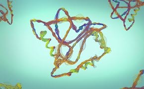Tile: Biopharma Formulation estructura molecular colorida y compleja con hebras entrelazadas en varios tonos de marrón, naranja, azul y verde contra un fondo verde azulado suave.