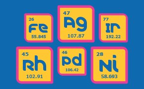 A colorful arrangement of six elements from the periodic table on a blue background. Each element is presented in a separate square with rounded corners, colored in either pink or orange.