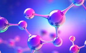 Una ilustraci&oacute;n digital de un modelo molecular con &aacute;tomos esf&eacute;ricos conectados por varillas, que representan los enlaces, contra un fondo azul y morado degradado.
