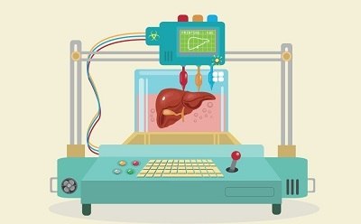 3D Bioprinting Ilustración estilizada de una bioimpresora en 3D, con un panel de control con botones y una pantalla que muestra un gráfico. La impresora aparece creando un modelo realista de un órgano humano, posiblemente un corazón, suspendido en una cámara transparente llena de líquido.