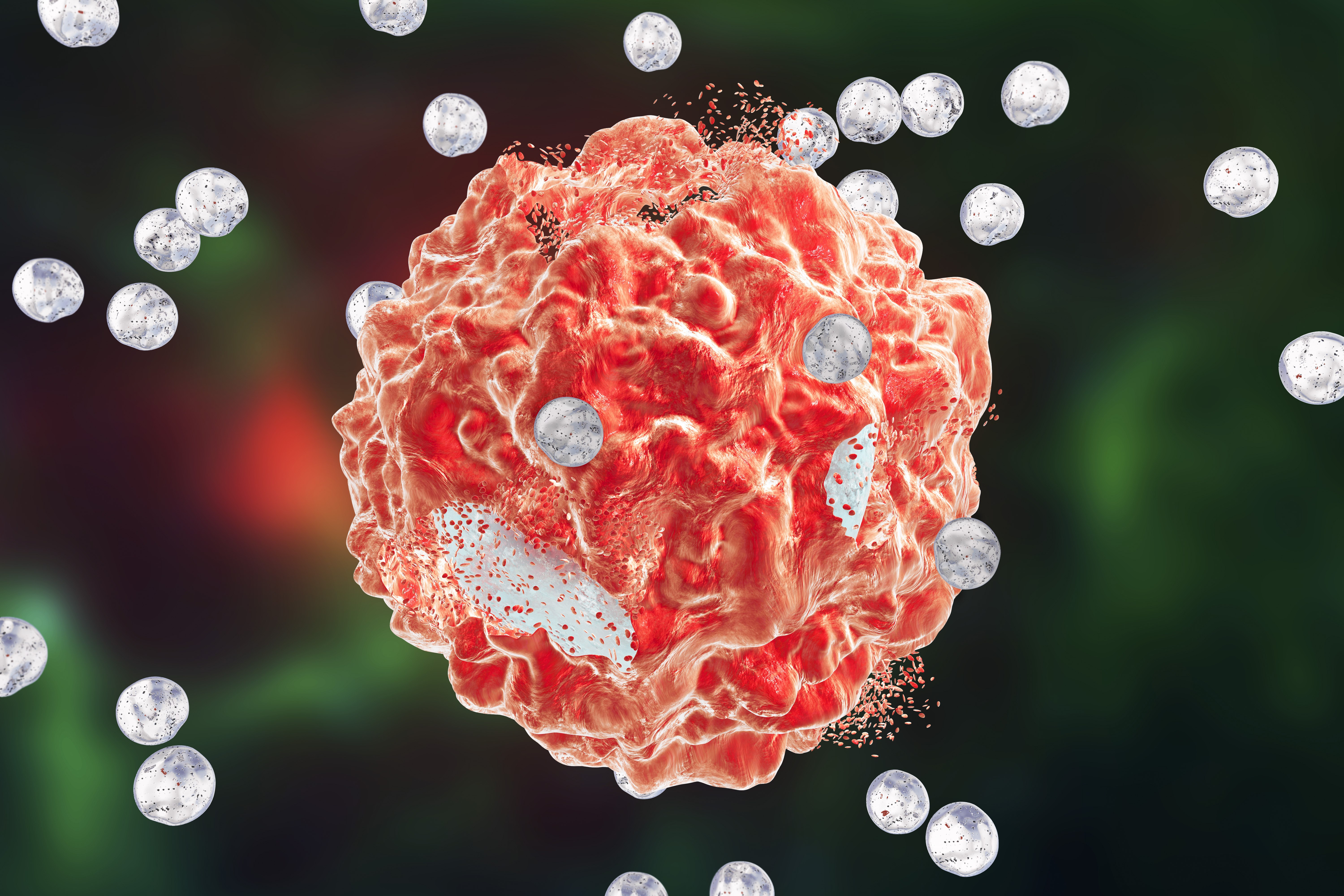 Destruction of a tumor cell by drug loaded nanoparticles Ilustración abstracta de microesferas poliméricas o nanopartículas que atacan las células tumorales. f poli