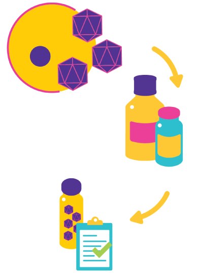 VirusExpress® AAV Production Platform Representación gráfica colorida de un proceso donde se extraen formas geométricas moradas de una paleta amarilla y naranja, luego se transforman en dos botellas coloridas de sustancias, que luego se analizan y aprueban según lo indicado por una marca de verificación verde en un portapapeles.