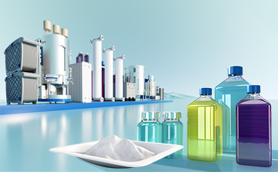 Bioprocessing cell culture devices and products Dispositivos de laboratorio de imágenes y medios de cultivo celular líquidos, medios y botellas de productos químicos en diferentes colores.