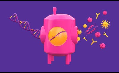 Cell line and bioreactor producing antibodies and viruses Pink bioreactor depicting high-producing cell line on purple background.