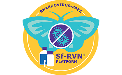 Sf-RVN® Platform Logotipo vibrante que representa una mariposa azul que simboliza un entorno exento de Rhabdovirus, con un emblema amarillo central consistente en una partícula de virus tachada, dos viales y el texto 'SF-RVN® PLATFORM' debajo, indicando una plataforma especializada para productos exentos de Rhabdovirus.