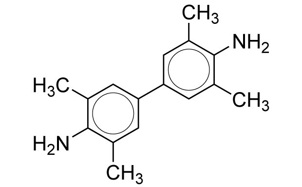 Chemical Structure of 3,3′,5,5′-Tetramethylbenzidine A chemical structure diagram of 3,3′,5,5′-Tetramethylbenzidine, illustrating a structure with two benzidine units, each substituted with two methyl groups and two amine groups at the 3,3′ and 5,5′ positions.
