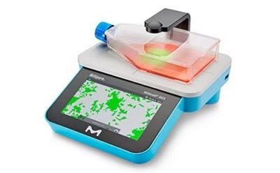 Millicell® Digital Cell Imager A modern digital laboratory scale with a blue base and a touchscreen interface.