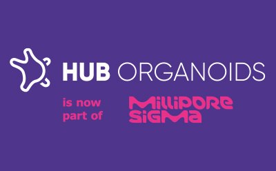 HUB Organoids is now part of {hcompany} Las palabras 'HUB Organoids' en la parte superior con 'ahora es parte de Merck" en la parte inferior, centrada.