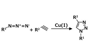 En este esquema de ejemplo de química clic se muestra la cicloadición azida-alquino catalizada por cobre(I) (CuAAC) de alquinos a azidas para formar 1,2,3-triazoles 1,4 disustituidos