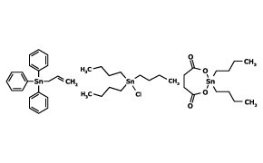 Sample of our Organotin Compounds Muestra de nuestra cartera de compuestos de organoestaño con aliltrifenilestaño, maleato de dibutilestaño y cloruro de tributilestaño