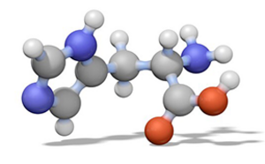 La imagen presenta un modelo 3D de una molécula con átomos representados por esferas en varios colores, como blanco, azul y rojo. La estructura molecular es compleja, con múltiples ramificaciones y conexiones entre los átomos. Es un sistema de renderizado digital contra un fondo blanco.