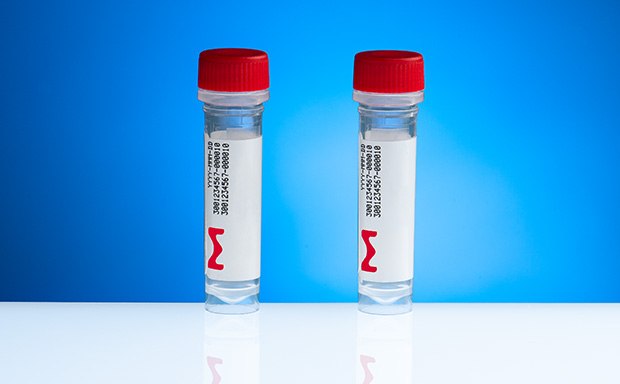 RNA Oligos Tres viales de muestra de laboratorio con tapas blancas colocados sobre un fondo blanco.