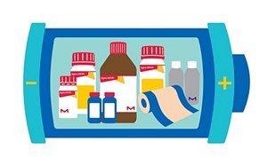 ilustración en la que se observan varias botellas y recipientes farmacéuticos en el interior de un marco azul oscuro y claro que representa una pila. Los artículos que hay son varias botellas con tapas rojas, un recipiente de líquido marrón y botellas azules más pequeñas
