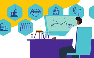 Scientist at a desk looking at a chemical structure on a computer screen with scientific icons in the background Científico en un escritorio mirando una estructura química en la pantalla de un ordenador con iconos científicos de fondo.