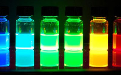 Photoluminescence of alloyed quantum dots Viales de puntos cuánticos que van del azul al verde al amarillo y al rojo para demostrar el color emitido depende del tamaño.