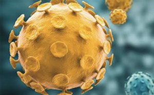 La imagen presenta un primer plano de las partículas del virus, con una partícula dorada dominante en el centro, caracterizada por su forma esférica y numerosas proteínas de espiga. En el fondo se observan otras partículas en tonos dorado-amarillos y azules, todo contra un fondo borroso que acentúa la figura central y añade profundidad a la composición. La imagen capta los complejos detalles y la diversidad de partículas de virus, destacando sus estructuras únicas.
