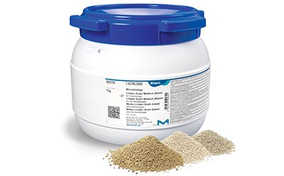 A white plastic container with a blue lid. In front of the container, there is a small pile of a grainy, beige-colored substance. The background of the image is plain and white. This medium is typically used for testing yeasts, molds, and bacteria in various industries.