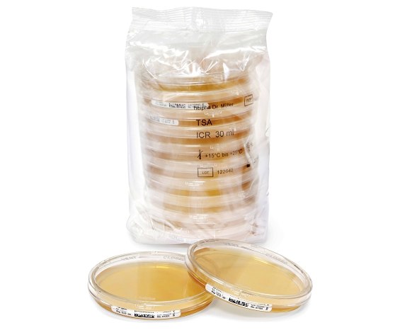 A stack of sealed agar settle plates used for passive air monitoring. These plates are enclosed in a transparent plastic bag. In front of the bag, two agar plates are displayed with their lids off, revealing the yellowish nutrient medium used for detecting microbial growth. The plates and the bag are placed on a white background.