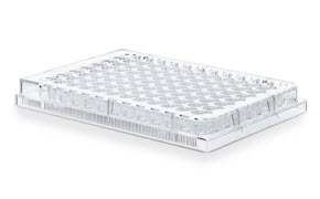 Millicell® Ultra-low Attachment Plates A Millicell<sup>®</sup> ULA plate, a reliable 3D cell culture tool that promotes scaffold-free self-assembly of spheroids. This 96-well U-bottom plate is transparent and made of a material with high optical clarity, making it compatible with both brightfield and fluorescence imaging. The wells are arranged in an 8x12 grid format, each with a rounded bottom suitable for spheroid formation in 3D cell cultures. Alphanumeric labels are visible on the sides of the plate for easy identification of individual wells. The plate is set against a white, nondescript background.