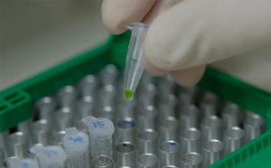 Mano enguantada que sostiene un tubo de ensayo con una sustancia verde sobre una gradilla de otros tubos de ensayo en un entorno de laboratorio.
