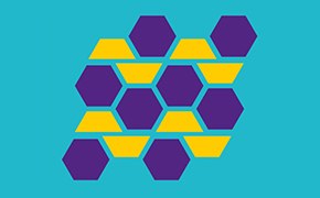 La imagen presenta un patr&oacute;n geom&eacute;trico sobre un fondo verde azulado. Hay varios hex&aacute;gonos morados, cada uno delineado en amarillo. Los hex&aacute;gonos est&aacute;n ordenados en dos filas, creando un patr&oacute;n tipo panal.