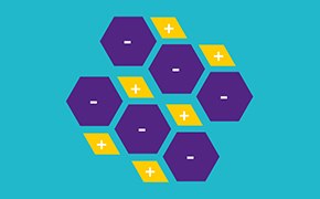 La imagen representa un grupo de hex&aacute;gonos morados y amarillos sobre un fondo verde azulado. Cada hex&aacute;gono amarillo tiene un s&iacute;mbolo m&aacute;s en blanco, y el morado un s&iacute;mbolo menos, en el centro.