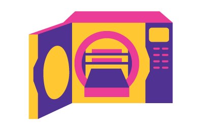 Autoclave Ilustración colorida y abstracta de un autoclave. Se observan vibrantes tonos de morado, amarillo y rosa. El autoclave se representa desde una perspectiva angular, mostrando la parte delantera y un lateral. Una ventana circular con líneas de parrilla representa el interior, y los botones de control están dispuestos verticalmente a la derecha de la ventana.