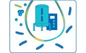 Icono que representa un depósito de filtración azul y una unidad de control rodeada de representaciones estilizadas de moléculas de agua y partículas de medios de filtración.