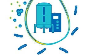 Depósito de filtración de agua azul y unidad de control con representaciones estilizadas de moléculas de agua y partículas de medios de filtración a su alrededor, simbolizando el proceso de filtración a través de medios.