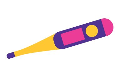 Clinical Thermometer Ilustración a color de un termómetro clínico. El cuerpo del termómetro es principalmente morado con una zona de pantalla de visualización rosa. Hay un botón amarillo en la parte delantera del cuerpo del termómetro. La punta del termómetro, donde está situado el sensor de temperatura, es naranja. El termómetro no muestra ninguna lectura de temperatura. Es una imagen aislada sin detalles de fondo ni otros elementos.