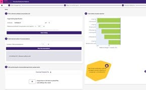 Viscosity Reduction Platform Excipient Finder Captura de pantalla de una interfaz de usuario con varios elementos: pestañas en la parte superior, campos de entrada y un gráfico en el lado derecho